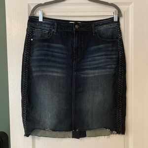 DRIFTWOOD Dark Denim Pencil Skirt with Braided Sides and Raw Hem. EUC - 31